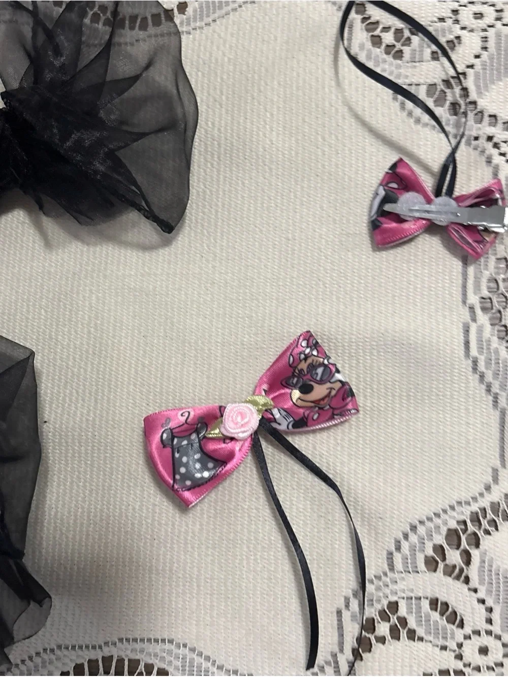 Kids Hair Bow Set - Black Organza Bows with Pink Rose Print Accents